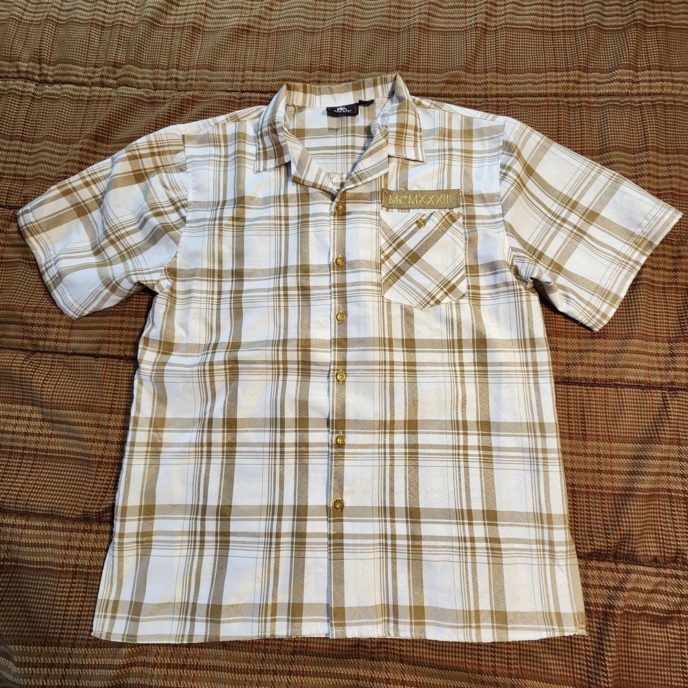 Red Ape Men Shirt Size XL Plaid Button Down Short Sleeve Hip Hop Tan Beige 1923